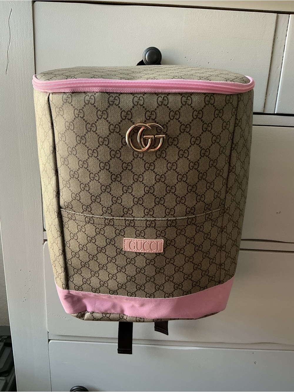 💕 **Designer-Inspired GG Monogram Cooler Backpack – Pink & Tan**